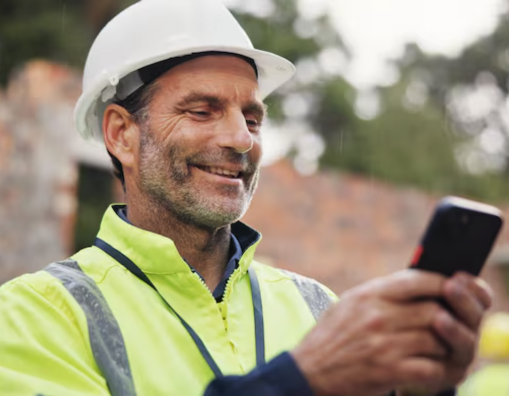 Facility service technician logging a GPS-verified service scan in REPORTRACK on his phone